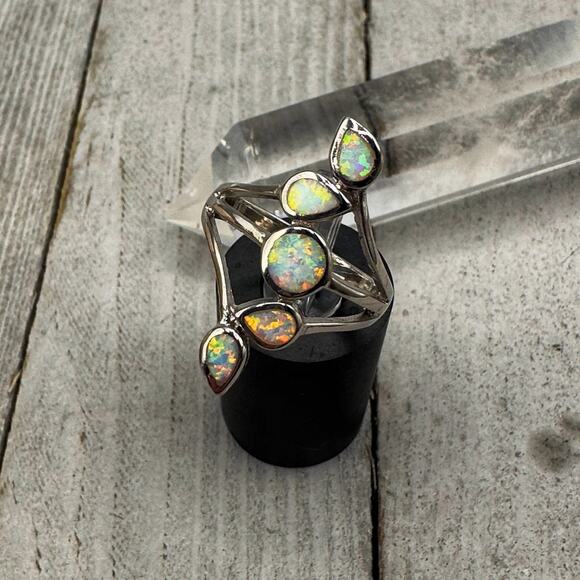 Sterling Silver Lab Opal Ring Size 8 - Picture 1 of 6
